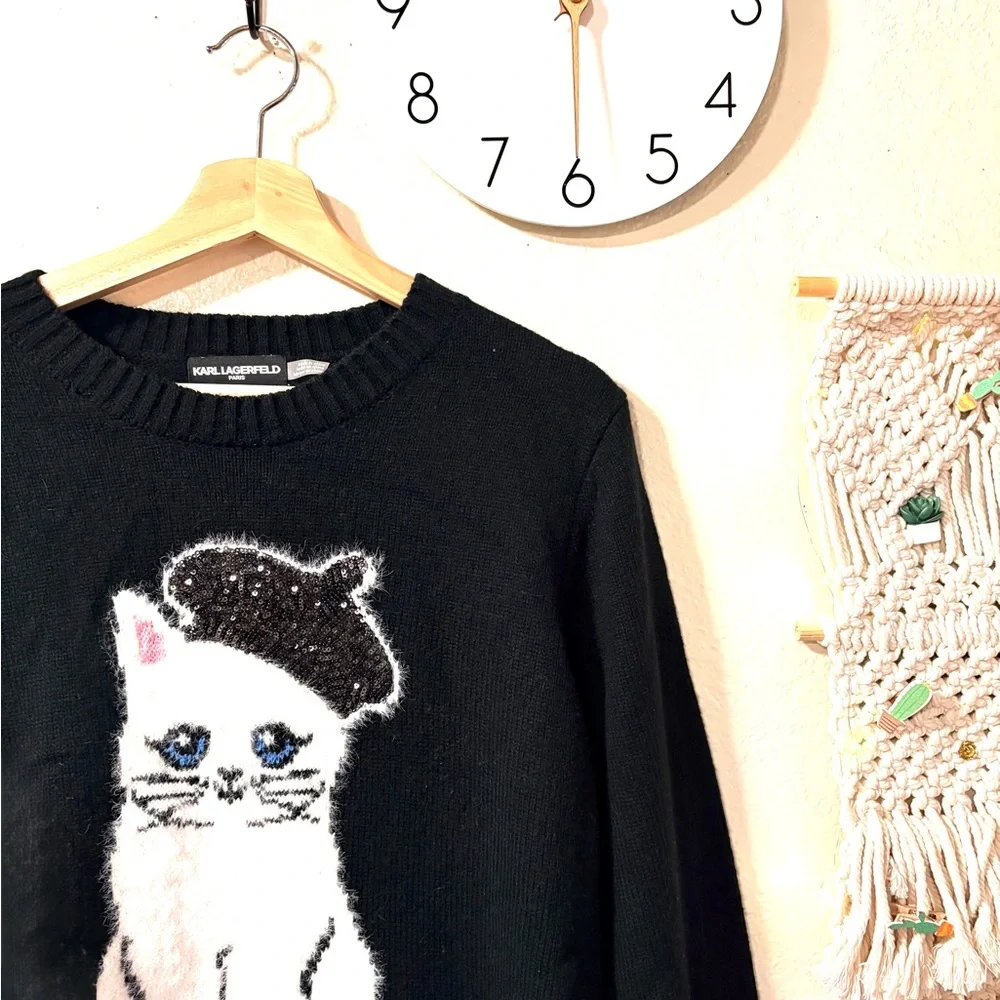 Karl Lagerfeld Black Sweater with White Cat and Beret - Picture 8 of 9